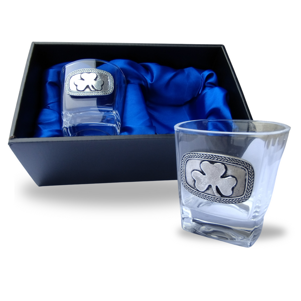 2 glasses embellished with pewter metal in a black presentation box