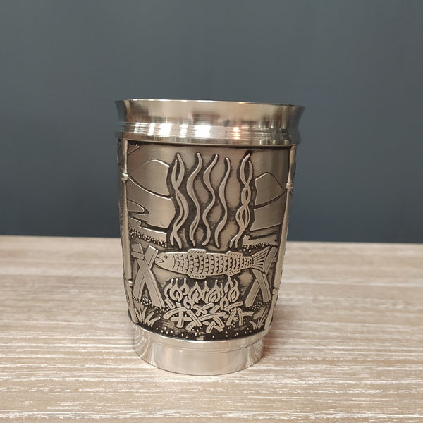 Pewter beaker depicting the legend of the Salmon of Knowledge.
