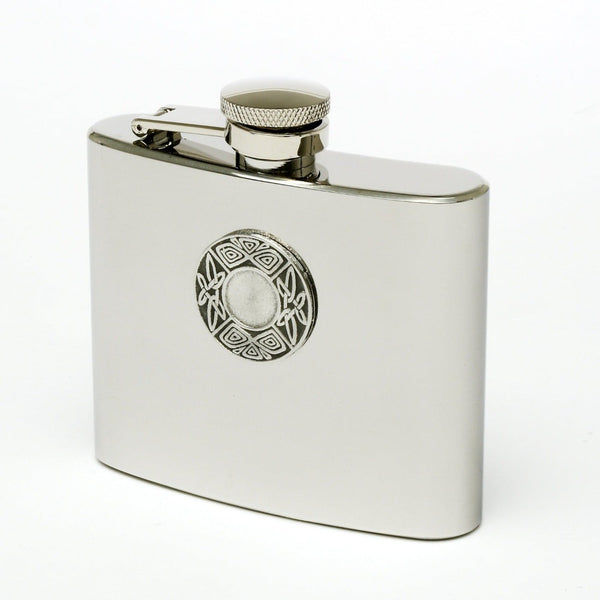 5OZ WHISKEY FLASK. The flask is stainless steel and has a safe cap attached to the top. The design is Celtic knotwork from the Bealin Cross, a High Cross not far from Mullingar. Great mans Gift. Made in Ireland by Mullingar Pewter