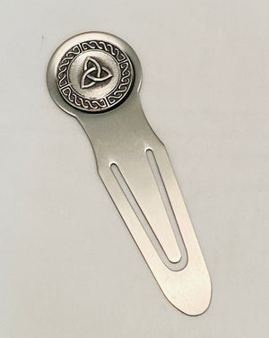BOOKMARK TRINITY MADE OF STAINLESS WITH PEWTER/SILVER DECORATION METAL IRELAND. THE BOOK MARK IS ALMOST 5" LONG.