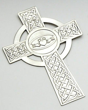 CLADDAGH CELTIC WALL MOUNTED CROSS MADE IN IRELAND OF PEWTER METAL WITH SILVER POLISH FINISH. ÉTAIN ZINN PELTRO 8" tall this cross is easy to wall mount with hanger attached to the rear. Beautiful Celtic and Claddagh design detail.