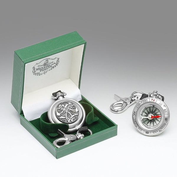 FIELD COMPASS MADE OF PEWTER METAL, SILVER SHEEN. ÉTAIN ZINN PELTRO CELTIC DESIGN THAT CAN BE FOUND ON CELTIC CROSSES THROUGHOUT IRELAND