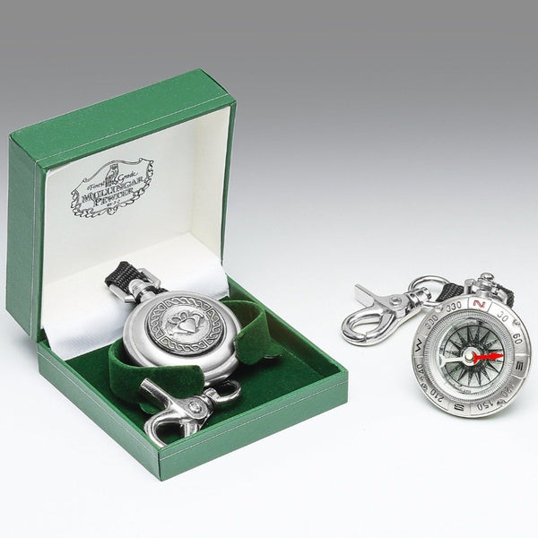 FIELD COMPASS MADE OF PEWTER METAL, SILVER SHEEN. ÉTAIN ZINN PELTRO CLADDAGH DESIGN. GREAT AS A GROOMS GIFT WITH THE FAMOUS IRISH LOVE, WEDDING SYMBOL.