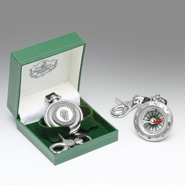 FIELD COMPASS MADE OF PEWTER METAL, SILVER SHEEN. ÉTAIN ZINN PELTRO HARP DESIGN. THE HARP IS THE OFFICAL SYMBOL OF IRELAND.