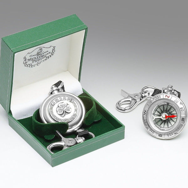 FIELD COMPASS. MADE OF PEWTER METAL, SILVER SHEEN. ÉTAIN ZINN PELTRO. SHAMROCK DESIGN WITH IRISH AND CELTIC KNOT SURROUND. GREAT MANS GIFT