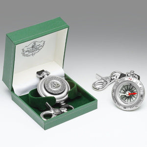 FIELD COMPASS MADE OF PEWTER METAL, SILVER SHEEN. ÉTAIN ZINN PELTRO TRINITY DESIGN WITH CELTIC SURROUND. GREAT BIRTHDAY GIFT FOR ANY YOUNG PERSON INVOLVED IN OUTDOOR PERSUITS..