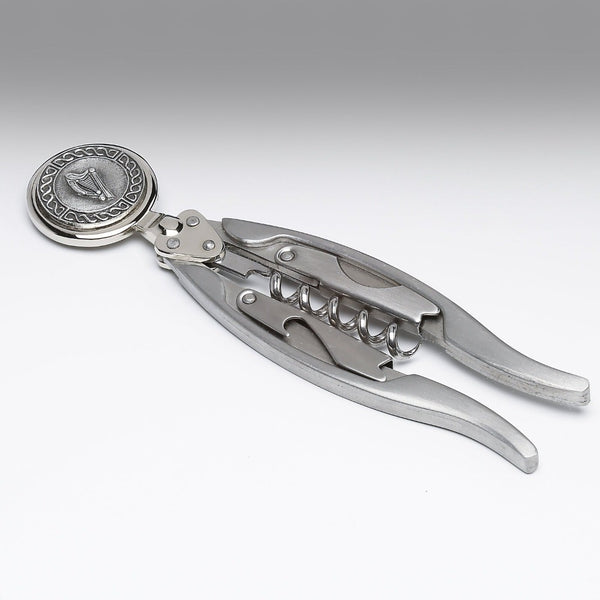 CORKSCREW 5" LONG WITH PEWTER HARP DESIGN THE HARP IS SURROUNDED BY A CELTIC PATTERN AND THE CORK SCREW IS BOTH STURDY AND ELEGANT. MADE IN IRELAND BY MULLINGAR PEWTER.