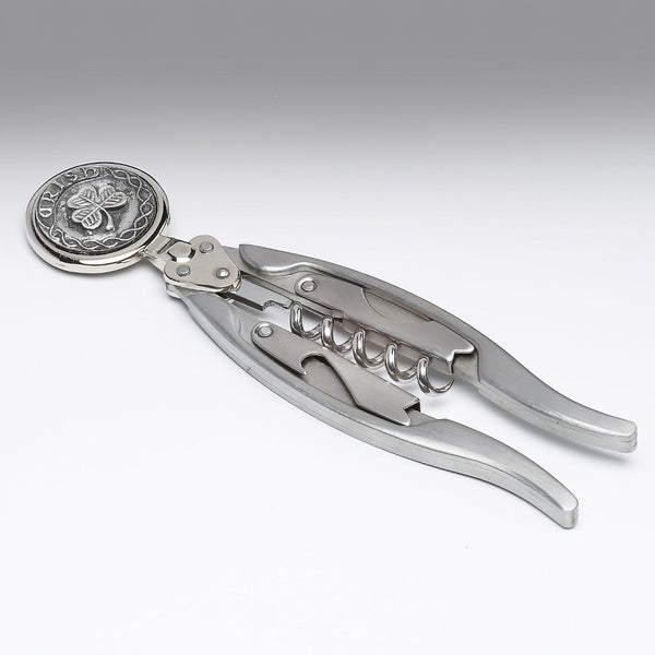 CORKSCREW WINE BOTTLE OPENER WITH iRISH SHAMROCK MOTIF SURROUNDED BY CELTICE INTERLACE DESIGN. MADE IN IRELAND BY MULLINGAR PEWTER.