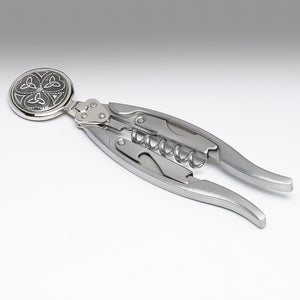 CORKSCREW WITH THREE TRINITY KNOT AND SHAMROCK DESIGN. THE WINE CORKSCREW IS STURDY AND PERFECT FOR OPENING YOUR FAVOURIATE WINE. tHE CORK SCREW IS 5" LONG. MADE IN IRELAND BY MULLINGAR PEWTER