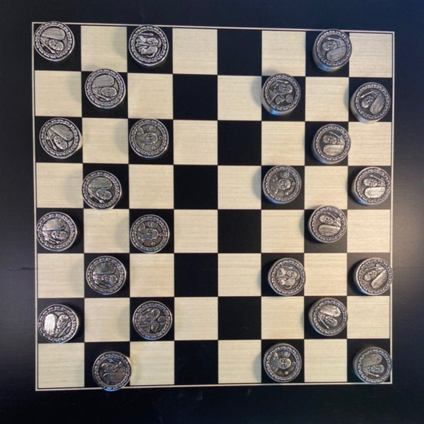 draughts_board_game MADE WITH CELTIC WORRIORS FROM THE BRIAN BORU ERA. ALL PIECES ARE PEWTER METAL WITH SILVER AND DARK PEWTER SIDES. MADE IN IRELAND. ÉTAIN ZINN PELTRO