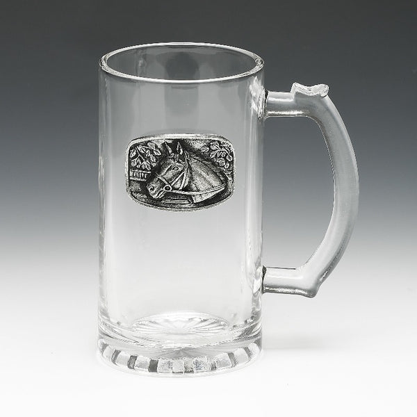 GLASS TANKARD WITH PEWTER EMBLEM of  HORSE. GREAT TO DRINK BEER ON A COOL EVENING AFTER A SHOW JUMPING EVENT. 6" tall and 15oz capacity