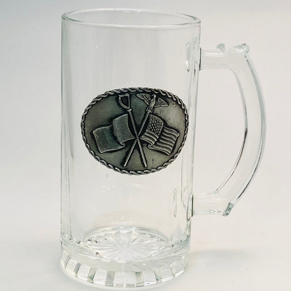 Glass Tankard With Crossed Flags Pewter Emblem. USA Flag & Irish Flag