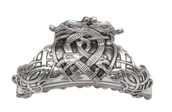 CELTIC DRAGON HAIR CLASP MADE OF SILVER FINISHED PEWTER METAL. The dragon heads and sneak like creatures are similar to those seen in the Book of Kells