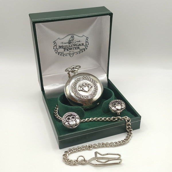 Claddagh Gents Quartz Pewter Pocket watch & Cufflinks set