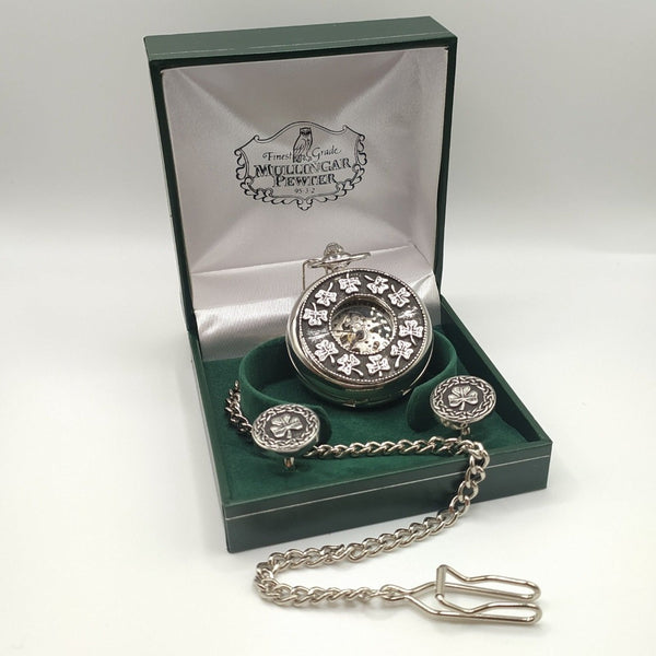 Mullingar Pewter Mechanical Pocket Watch, which opens to reveal the full watch face. Embellished with Pewter decor, shamrocks. Accompanied by pewter shamrock cufflinks. Presented in a Green Gift Box.