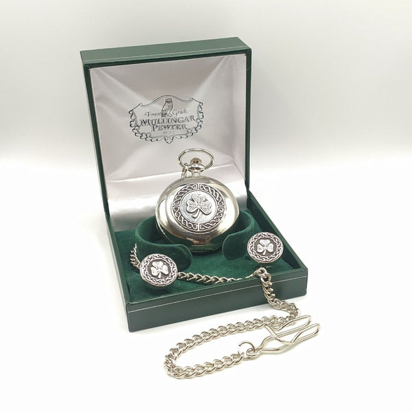 Gents Shamrock Pewter Quartz Pocket Watch & Cufflinks set