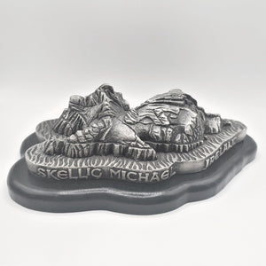 A miniature of Skellig Michael, Irelands Star Wars Island. This amazing and imposing rocky monastic island sits in the ocean just south of County Kerry Ireland. Made of Mullingar Pewter, a beautfiul silver finish sculture.