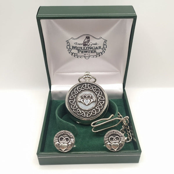 Mechanical Pocket Watch & Cufflinks - Large Claddagh