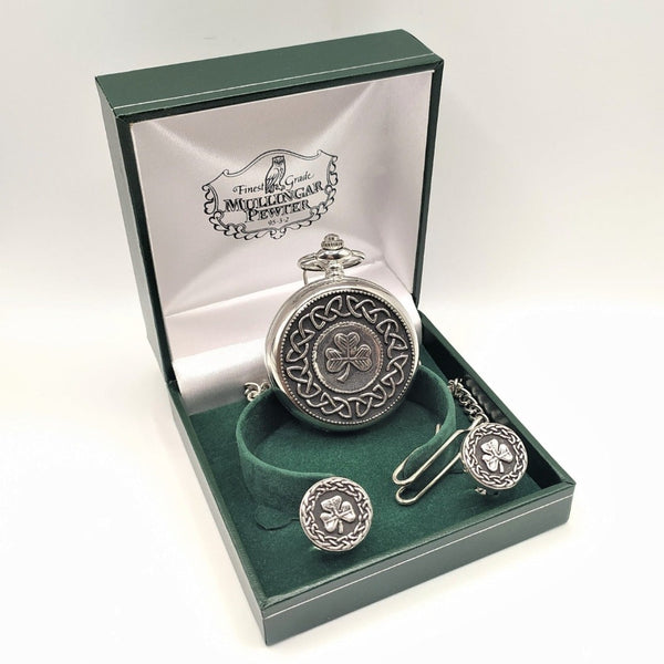 Mechanical Pocket Watch encased in a  Mullingar Pewter embellished Pocket watch. Accompanied with two Pewter cufflinks. The Motif is a Shamrock surrounded by a celtic knot.