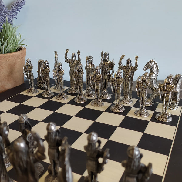 Mullingar Pewter Mythical Chess Set with Wood Board