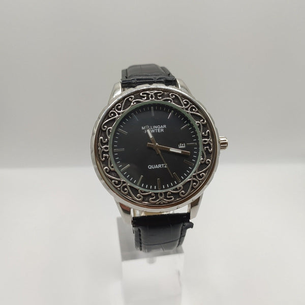 Mullingar Pewter watch. A black leather strapped Quartz watch embellished with Mullingar Pewter rim.