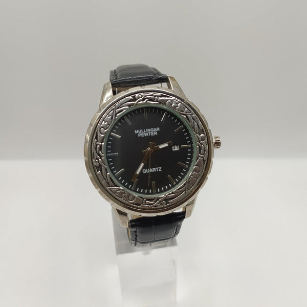 Mullingar Pewter quartz watch with black leather straps