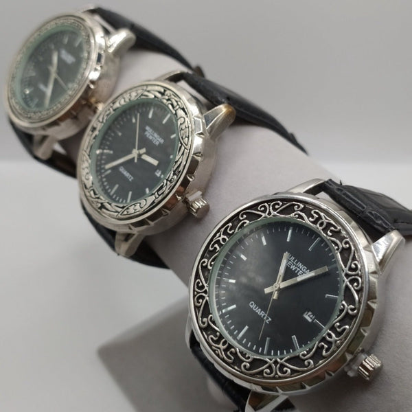 Our three Mullingar Pewter Wrist watches displayed together. Each are a Quartz watch and embellished with Pewter.