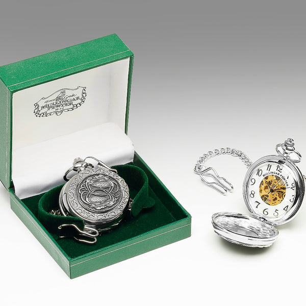 GENTS MECHANICAL POCKET WATCH WITH PEWTER METAL CELTIC DESIGN IN SILVER FINISH. This design is from Celtic manuscript of 8th century.
