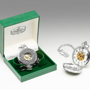 GENTS MECHANICAL POCKET WATCH WITH PEWTER METAL CELTIC DESIGN IN SILVER FINISH. Great fathers day gift