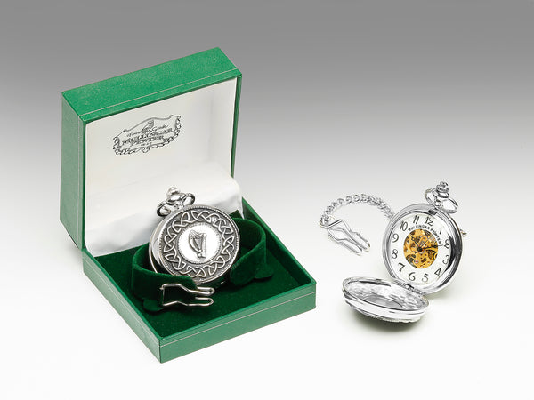 GENTS MECHANICAL POCKET WATCH WITH PEWTER METAL CELTIC DESIGN IN SILVER FINISH. The harp is Irelands official symbol surrounded with Celtic knotwork.