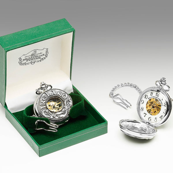 GENTS MECHANICAL POCKET WATCH WITH PEWTER METAL CELTIC DESIGN IN SILVER FINISH. Decorated with the Kells design and Ireland. Great openface design