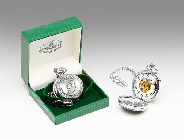 GENTS MECHANICAL POCKET WATCH WITH PEWTER METAL CELTIC DESIGN IN SILVER FINISH. The map of our most beautiful Island, Ireland.