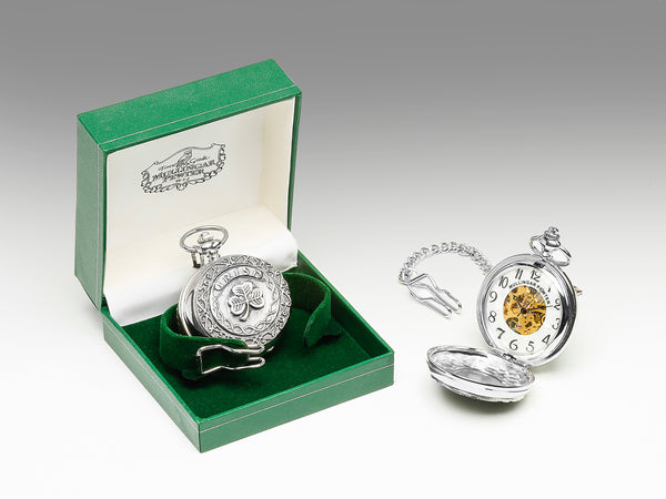 GENTS MECHANICAL POCKET WATCH WITH PEWTER METAL CELTIC DESIGN IN SILVER FINISH. If your Irish this is for you. With Irish and Shamrock together, what more could you ask for.