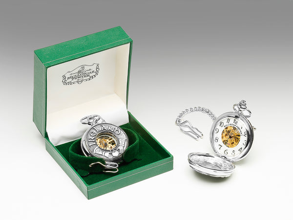 GENTS MECHANICAL POCKET WATCH WITH PEWTER METAL CELTIC DESIGN IN SILVER FINISH. Ireland and the Claddagh, great for an irish wedding