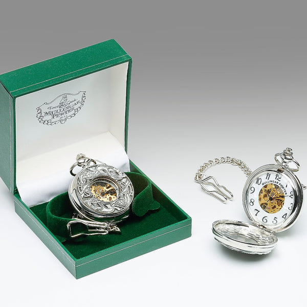 GENTS MECHANICAL POCKET WATCH WITH PEWTER METAL CELTIC DESIGN IN SILVER FINISH. The Kells manuscript has influenced so many design and here once again we see great detail in Celtic designs