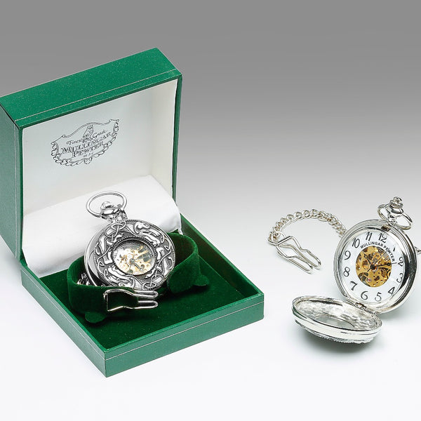 GENTS MECHANICAL POCKET WATCH WITH PEWTER METAL CELTIC DESIGN IN SILVER FINISH. Celtic dogs ornate in design and polished to a high finish.