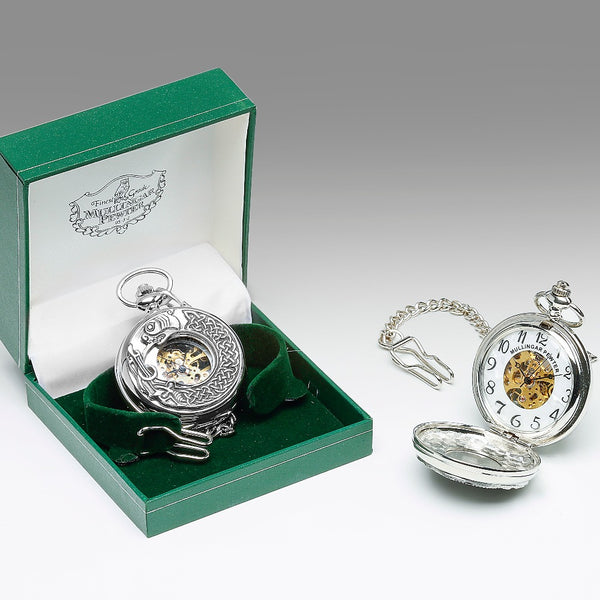 GENTS MECHANICAL POCKET WATCH WITH PEWTER METAL CELTIC DESIGN IN SILVER FINISH. The dragons head so often seen in Celtic folklore with Celtic knotwork