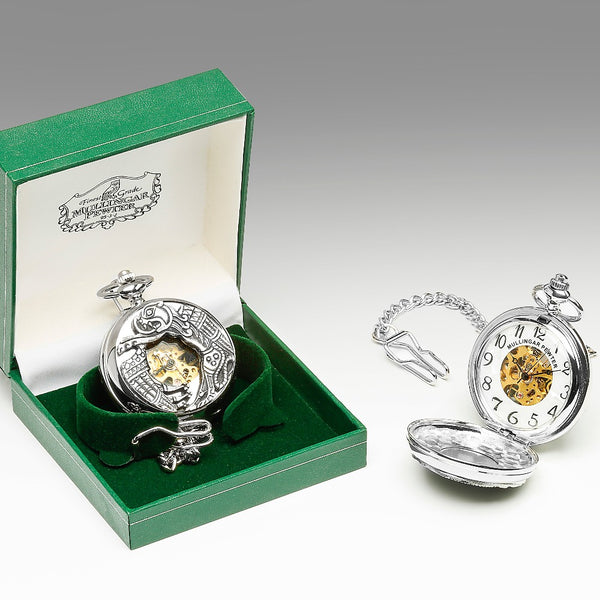 GENTS MECHANICAL POCKET WATCH WITH PEWTER METAL CELTIC DESIGN IN SILVER FINISH. The Celtic lion etched in silverware polished finish on Pewter