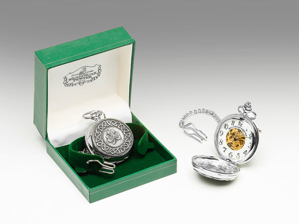GENTS MECHANICAL POCKET WATCH WITH PEWTER METAL CELTIC DESIGN IN SILVER FINISH. Irelands best known symbol, the Shamrock here encircled in Celtic knotwork.