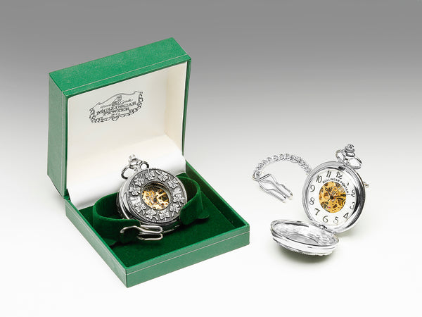 GENTS MECHANICAL POCKET WATCH WITH PEWTER METAL CELTIC DESIGN IN SILVER FINISH. Open face shamrock, Great emigrant gift to remember home.