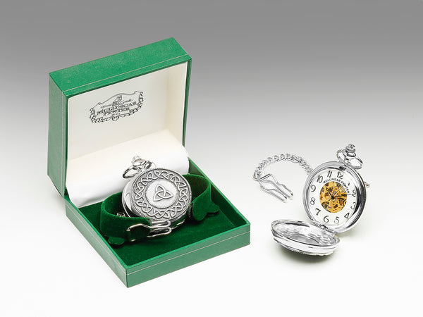 GENTS MECHANICAL POCKET WATCH WITH PEWTER METAL CELTIC DESIGN IN SILVER FINISH. The trinity knot is a favorite for best man and grooms man gift.