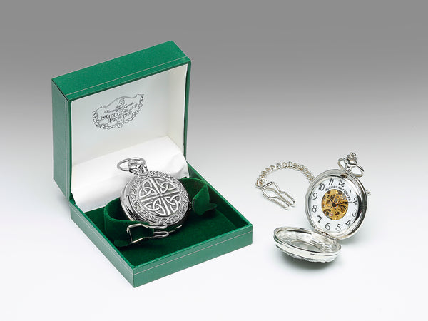 GENTS MECHANICAL POCKET WATCH WITH PEWTER METAL CELTIC DESIGN IN SILVER FINISH. The trinity shield with four trinity knots surrounded by Celtic design.
