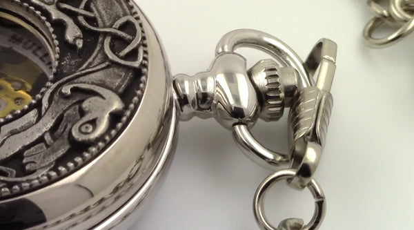 GENTS MECHANICAL WATCH WITH PEWTER CELTIC DESIGN. BESTMAN, GROOMSMAN, FATHER, BROTHER FRIEND GIFT. the Crown and close up detail of Kells design