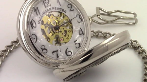 GENTS MECHANICAL POCKET WATCH TIME PIECE, TIMELY , PEWTER SILVER. the watch and chain with pocket clasp fit so well together.