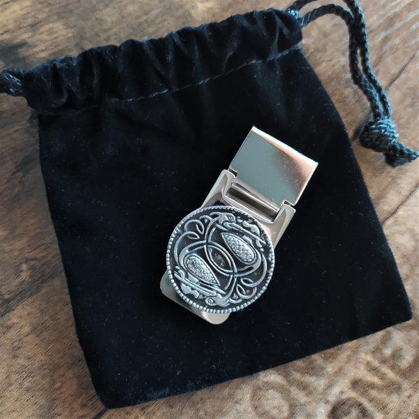 Our Celtic D Money Clip from Mullingar Pewter on a black velvet bag