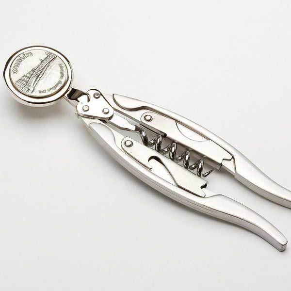CORKSCREW WITH HA'PENNY BRIDGE , DUBLIN DESIGN. THE 5" LONG CORKSCREW IS JUST THE BIZ WHEN OPENING WINE. MADE IN IRELAND BY MULLINGAR PEWTER.