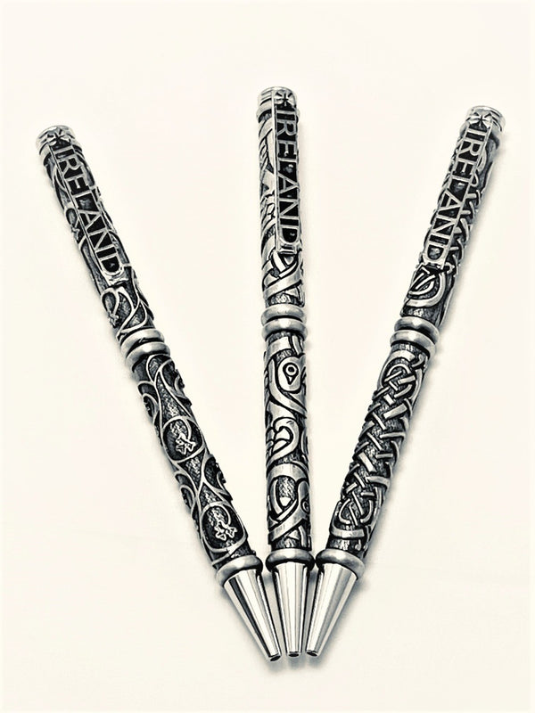 Pen with pewter decoration - three different designs all with Ireland clip. The pens come in Celtic knotwork, Celtic Bird and Shamrock trellis. Made in Ireland