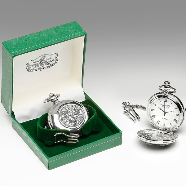 GENTS QUARTZ POCKET WATCH PEWTER SILVER METAL TIMEPIECE In Celtic spiral design for the kells manuscript.