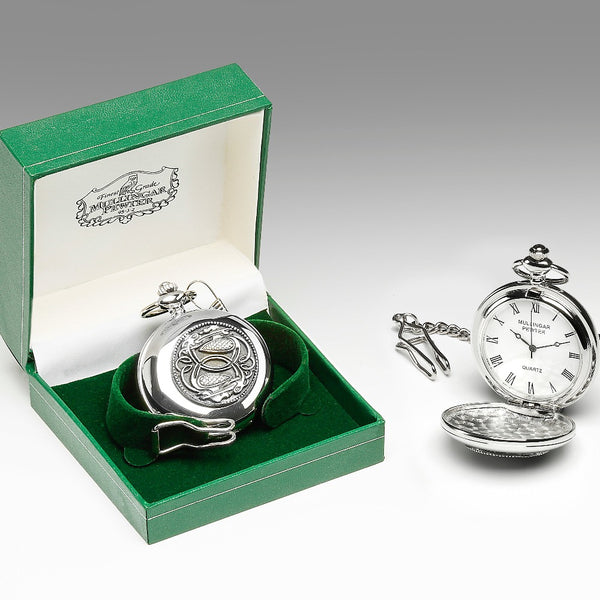GENTS QUARTZ POCKET WATCH PEWTER SILVER METAL TIMEPIECE with celtic crain bird design from the Kells manuscript.