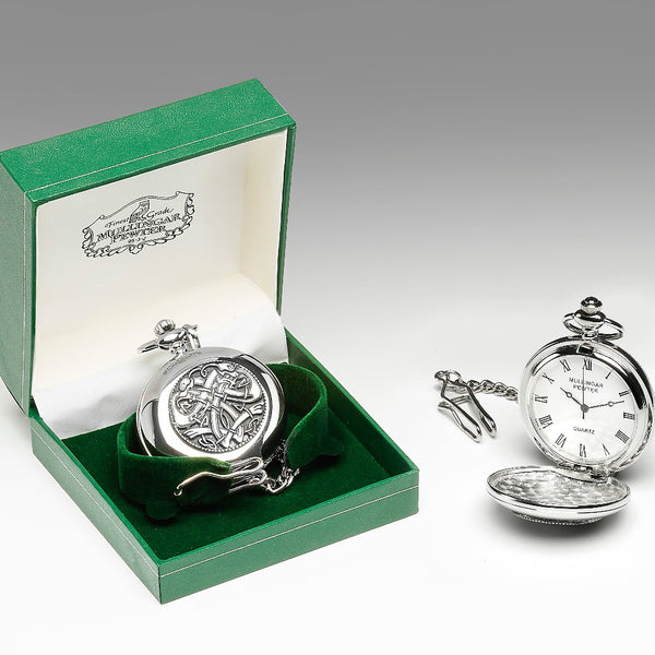 GENTS QUARTZ POCKET WATCH PEWTER SILVER METAL TIMEPIECE withceltic dragon and dog intertwined in lace like pattern.